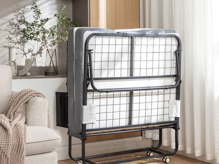 Foldable Metal Frame Bed For Guest With Memory Foam Mattress On Wheels, Saving Space Rollaway Bed