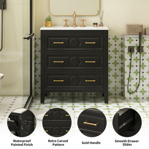 Retro Bathroom Vanity With Sink Combo, Free Standing Single Set With 3 Drawers