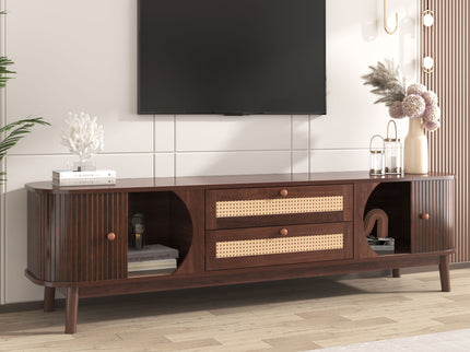 TV Stand For TVs Up To 75'', Cabinet With Drawers And Sliding Doors, Living Room Entertainment Console - Natural Wood / Brown