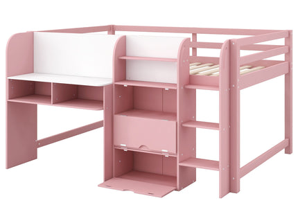Low Loft Bed With Built In Desk, Storage Cabinets, Open Bookcase And Doodle board