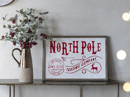 Iron / Wood North Pole Trading Company Wall Sign, For Christmas Holiday Table Wall Decor - White / Red