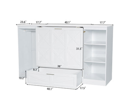 Twin Size Murphy Bed With Bedside Shelves And Wardrobe - White