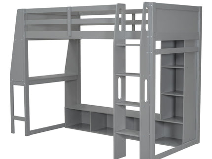 Gaming Loft Bed With Desk, Multi Storage Shelves, LED Lighting, And Hanging Clothes Rack