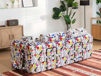 Pop Graffiti Printed Convertible Sleeper Sofa Bed, Foldable Multi Functional Couch For Living Room - White