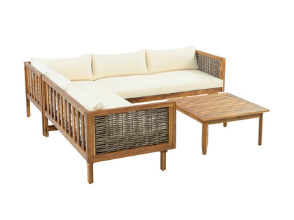 Premium Outdoor Sofa Set With Waterproof Cushions Sectional Seating Group With Acacia Wood And Wicker - Brown Mix / Beige
