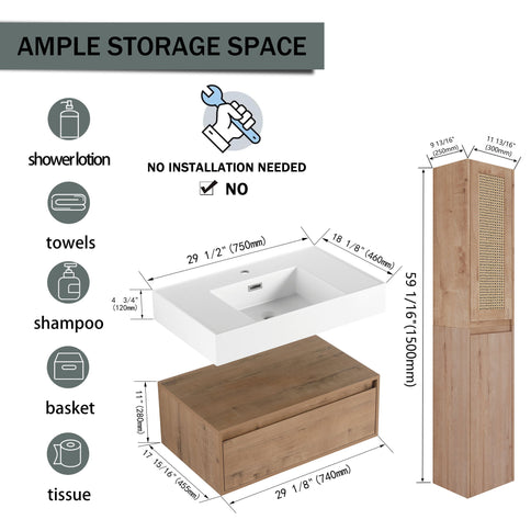 Contemporary Wall Mounted Bathroom Vanity With Resin Sink And 2 Side Cabinet - Imitative Oak