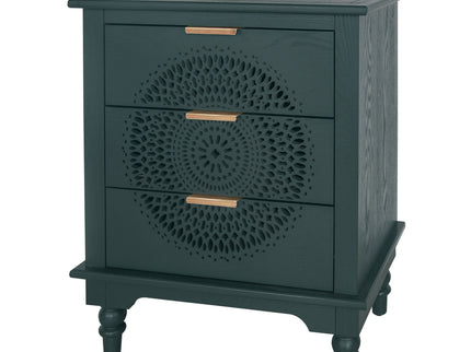 Hollow Carved 3 Drawer Dresser With Metal Handles, Storage Chest For Living Room Or Bedroom - Blackish Green