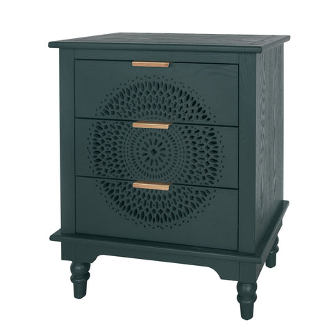 Hollow Carved 3 Drawer Dresser With Metal Handles, Storage Chest For Living Room Or Bedroom - Blackish Green