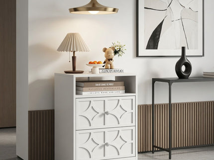 Nightstand With Diamond Carvings Handles, 2 Drawers & Charging Station