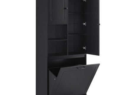 Modern Tall Storage Cabinet With Adjustable Shelves, Flip-Out Basket & Enclosed Doors