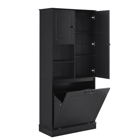 Modern Tall Storage Cabinet With Adjustable Shelves, Flip-Out Basket & Enclosed Doors