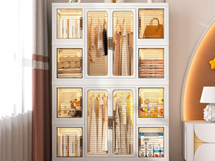 Portable Wardrobe Closet Storage Organizer For Clothes With Magnetic Doors, 12 Cubes & 2 Hanging Rods - White