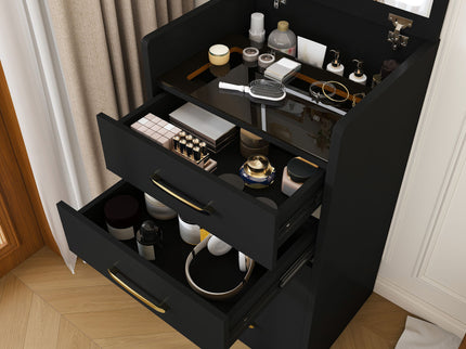 3 In 1 Vanity Desk With Open Top Mirror, Glass Desktop Makeup Set With 3 Drawers, Compact Dressing Table For Bedroom - Black
