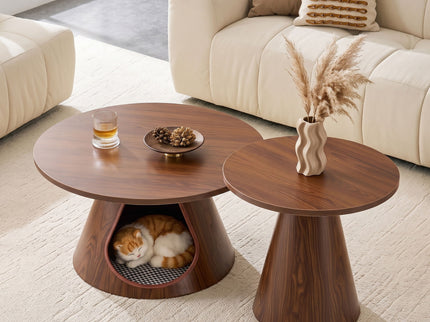 Nesting Coffee Table With Integrated Cat Cave Bed (Set of 2) - Walnut