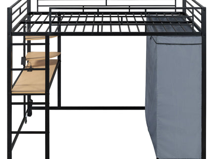 Loft Bed With Desk, Shelves, Power Outlet, LED Light And Wardrobe