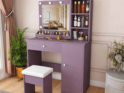 Vanity Desk Set With Padded Stool And Adjustable LED Mirror, 3 Color Light Modes - Purple