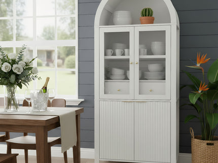 Fluted Tall Arched Pantry Cabinet With Adjustable Shelves, Glass Door & Hidden Drawer For Kitchen