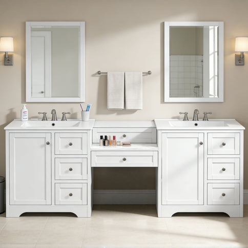 Double Sink Bathroom Vanity With Countertop, 2 Ceramic Sinks, 6 Drawers, Soft Close Design