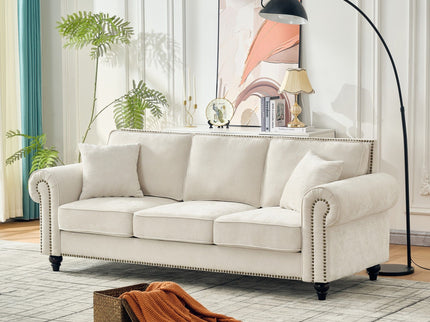 3 Seater Sofa With Tufted Upholstery, Rolled Arms, Nailhead Trim