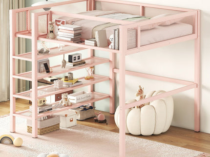 Loft Bed With 4 Tier Shelves And Storage