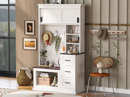 Modern Wide Hall Tree With Coat Rack, 3 Shelves And Drawers, 3 Sturdy Hooks