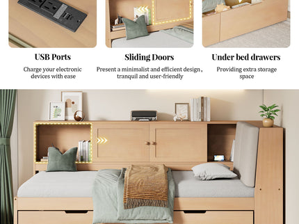 Twin L - Shaped Daybed With Storage Bookcase, Upholstered Headboard, USB Charging Ports & Hidden Drawers - Natural