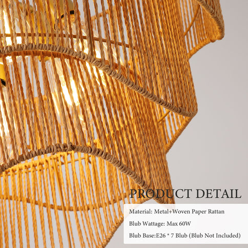 Chandelier With 7 Light E26 Base, Adjustable Height Wave Pendant Light For Living Room - Gold