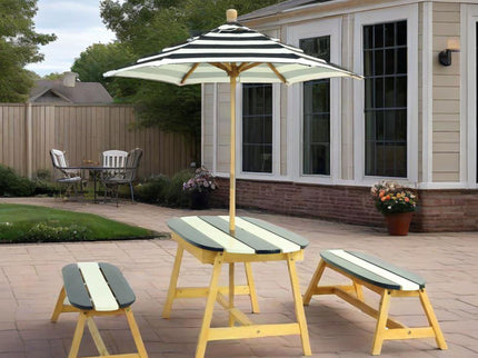 Naturally Playful Kids Picnic Table With Umbrella, Indoor / Outdoor Fun - Blue / White Stripes