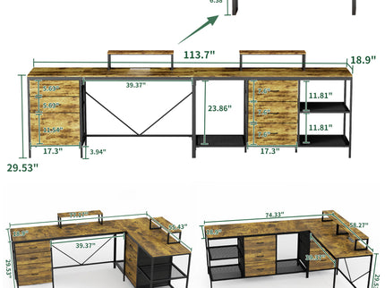 Industrial L Shaped Desk With Power Hub With 6 Drawers And Adjustable Monitor Stands - Brown