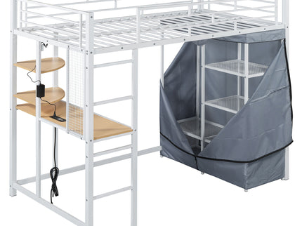 Loft Bed With Desk, Shelves, Power Outlet, LED Light And Wardrobe