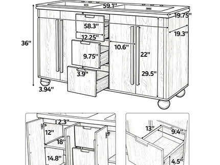 Double Sink Bathroom Vanity With Sinks, Soft Close Doors & 3 Drawers - Wood