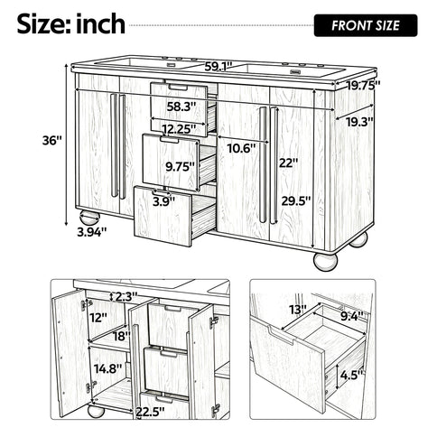 Double Sink Bathroom Vanity With Sinks, Soft Close Doors & 3 Drawers - Wood