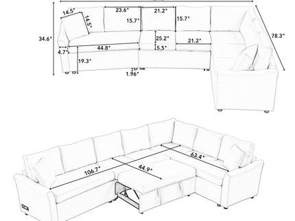 L-Shaped Sofa Convertible Sofa Bed Pull Out Sofa Sleeper With Two Back Pillows, Two USB Ports And Two Power Sockets For Living Room