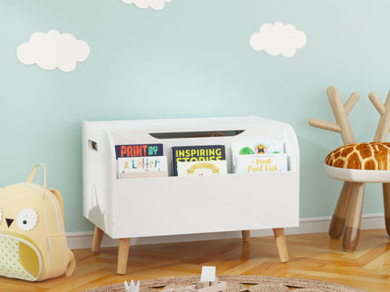 Toy Box With Front Bookshelf, Flip Top Lid, Safety Hinge For Kids Room Organization - White