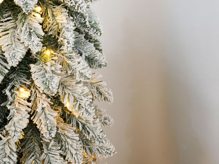 Slim Snow Flocked Pre Lit Pencil Christmas Tree, 3.9Ft / 5.9Ft / 7.9Ft With 750 Branch Tips, 480 LED Lights, Warm Glow, For Indoor Holiday Decor - White