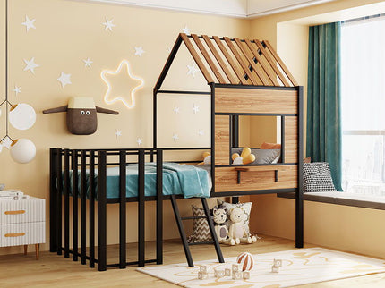 Loft Bed With Roof, Window, Guardrail, Ladder