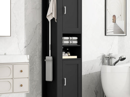 Tall Freestanding Bathroom Storage Cabinet With Adjustable Shelves And Side Hooks Board, Rectangle Design