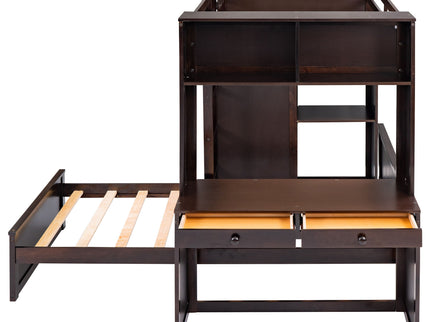 Loft Bed With A Stand Alone Bed, Shelves, Desk, And Wardrobe