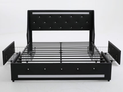 Wingback Upholstered Bed Frame With LED Lights, Charging Station