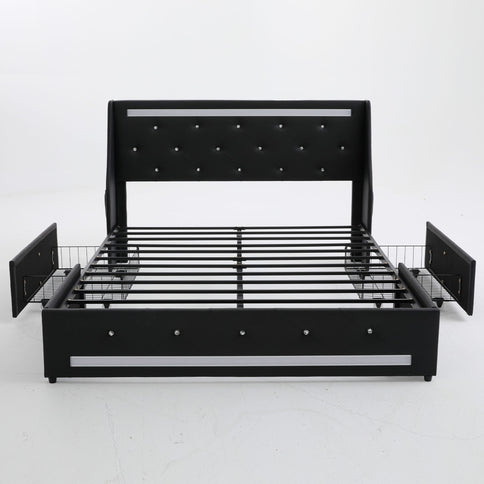 Wingback Upholstered Bed Frame With LED Lights, Charging Station
