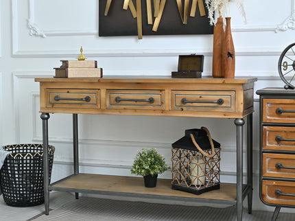 Accent Storage Console Table With Open Shelf And 3 Drawers For Living Room - Natural Wood / Brown