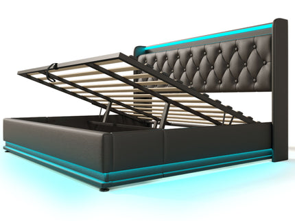 Upholstered Bed, 360 Surround LED Function, Remote Control, Hydraulic Storage Bed With USB, Type-C Charging (Without Mattress)