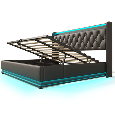 Upholstered Bed, 360 Surround LED Function, Remote Control, Hydraulic Storage Bed With USB, Type-C Charging (Without Mattress)