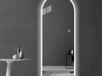 LED Full Length Wall Mirror With Symmetrical Arch Design, Dimmable 3 Color Temperature Lighting - Silver