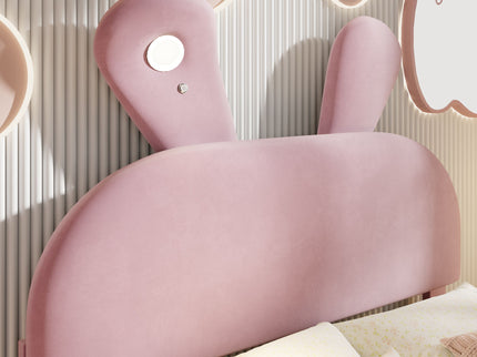 Full Upholstered Platform Bed With Cartoon Ears Headboard And LED Light - Pink