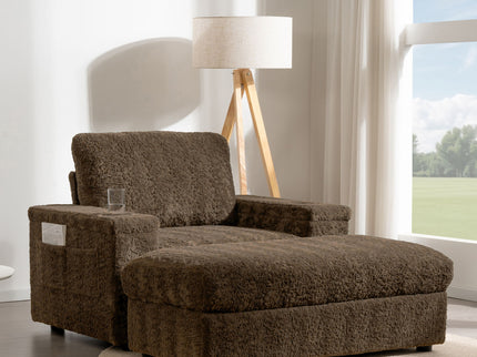 Oversized Chaise Lounge Indoor Rabbit Fur Sofa Bed With Storage Ottoman And Armrests Cup Holders With Deep Seat
