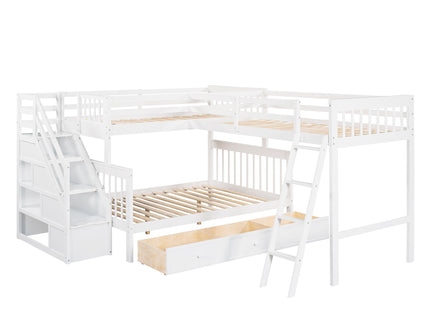 Solid L Shaped Bunk Bed With 3 Drawers, Ladder And Staircase