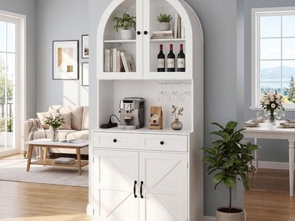 Tall Arched Pantry Cabinet With Charging Station, Adjustable Shelves, Coffee Bar