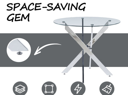 Dining Table With Cross Metal Leg And Tempered Glass, Modern Space Saving Kitchen Table For Living Room