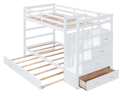 Twin Over Twin Bunk Bed With Trundle And Staircase - White